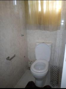 a small bathroom with a toilet and a shower at XrisBun Apt 1BR - Laderin GRA in Abeokuta