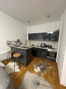 a kitchen with black cabinets and a counter top at Bjelasnica White apartmani in Bjelašnica