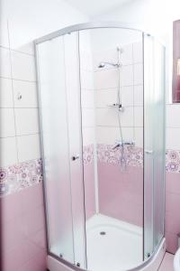 y baño con ducha y azulejos rosados. en Pensiunea Sophia en Stațiunea Climaterică Sâmbăta