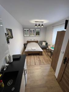 a bedroom with a bed and a table in a room at Kameralne Studio w centrum Częstochowy in Częstochowa