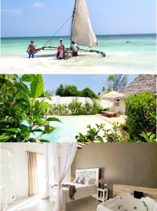 two pictures of a bedroom and a beach at ARYA Boutique Resort in Kiwengwa