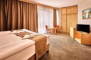 een hotelkamer met een bed en een televisie bij Lugas Hotel in Nyíregyháza