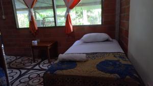 a small bedroom with a bed and a window at Misahualli Laguna Paikawe B&B in Puerto Misahuallí