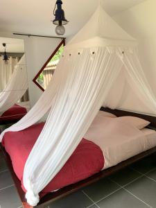 Una cama con mosquiteros blancos encima. en Hacienda de la Canopée avec piscine chauffée au sel, en Hourtin