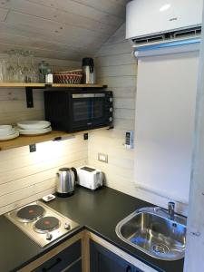 una pequeña cocina con fregadero y microondas en Cabañas Monte Verde, en Pucón