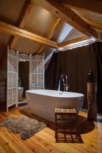 a bathroom with a large white tub in a room at Krasná Samota in Chřibská +54 photos