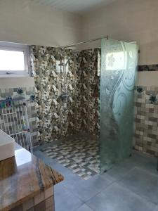 a shower with a glass door in a bathroom at Coco De Mer Villa in Mahe