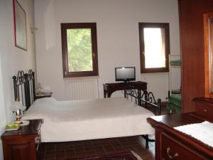 1 dormitorio con 1 cama y escritorio con TV en Agriturismo Antica Corte Cason en Ronco allʼAdige