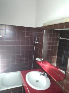 La salle de bains est pourvue d'un lavabo, d'un miroir et d'une baignoire. dans l'établissement Studio vue mer à Porticcio proche aéroport Ajaccio, à Porticcio