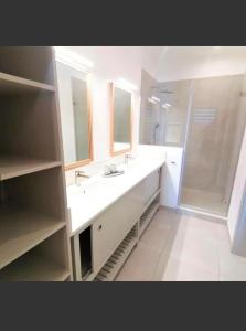 a white bathroom with a sink and a shower at Eastern Blue Beachfront Luxury Apartment in Poste Lafayette