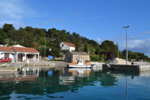 a small boat is docked at a dock in the water at Apartment Nella in Molat