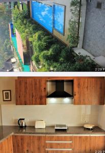 Dos fotos de una cocina con vistas a un jardín en The Nest Holiday home, en Marmagao