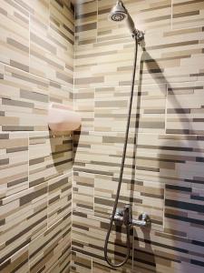 a shower in a bathroom with a tile wall at Magnifique studio in Bagnolet