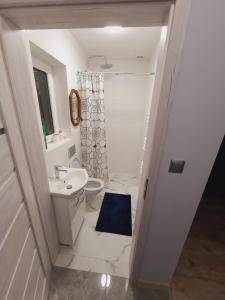 łazienka z umywalką, toaletą i prysznicem w obiekcie Apartamenty u Wieśka w Żurominie +19 zdjęć