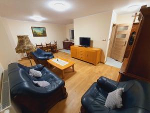 salon z 2 skórzanymi kanapami i telewizorem w obiekcie Apartamenty u Wieśka w Żurominie