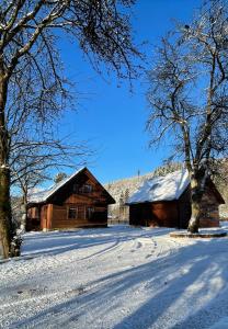 um par de celeiros com neve no chão em Dwie Lipy Domy Wakacyjne em Złatna