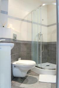 a bathroom with a toilet and a glass shower at One-room apartment on Ogarna St in the Old Town in Gdańsk