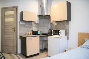 a small kitchen with a refrigerator and a microwave at One-room apartment on Ogarna St in the Old Town in Gdańsk