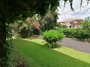 a yard with grass and bushes and pink flowers at Villa Arya Casa Vacanza in Riposto