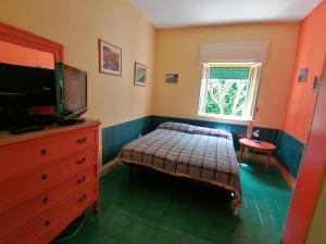 1 dormitorio con 1 cama, TV y ventana en Villa Arya Casa Vacanza, en Riposto