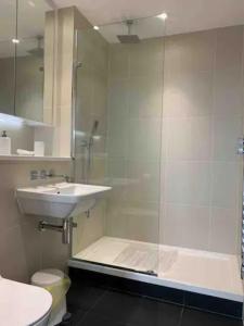 a bathroom with a shower and a sink and a toilet at GRAND SERVICED APARTMENTS***** in Croydon +40 photos
