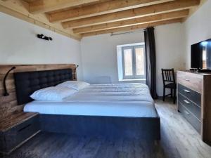 ein Schlafzimmer mit einem Bett, einer Kommode und einem TV in der Unterkunft L'Ophrys in Les Déserts