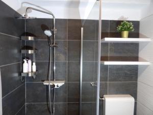 eine Dusche im Bad mit schwarzen Fliesen in der Unterkunft Apartman Matea 4 in Gospić