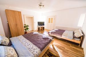 - une chambre avec 2 lits et une télévision dans l'établissement Casa Aldem, à Sibiu