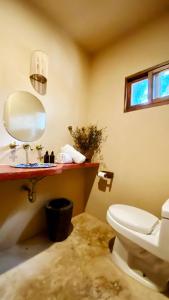 La salle de bains est pourvue de toilettes blanches et d'un miroir. dans l'établissement Hotel Boutique Refugio 41, à Valladolid