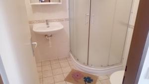 La salle de bains est pourvue d'une douche et d'un lavabo. dans l'établissement Penzion Pristav, à Lipno nad Vltavou