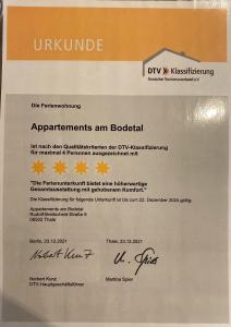 Certifikát, hodnocení, plakát nebo jiný dokument vystavený v ubytování Appartements am Bodetal