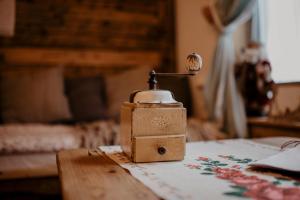 an old sewing machine sitting on top of a table at Chatka Zapiecek drewniana rustykalna chata Babci Ludwiki in Krościenko