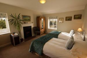 a bedroom with a large bed and a fireplace at Spire Cottage in Chichester