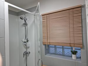 a bathroom with a shower and a window with a shutter at Maisonnette design Le Cosy - Marché à 3mn à pied - Parking gratuit à 50m - Amazon Prime - in Surgères +13 photos