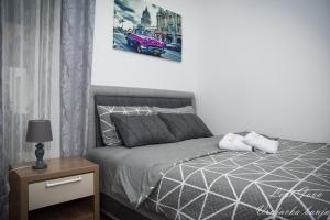 ein Schlafzimmer mit einem Bett und einem Bild eines rosa Autos in der Unterkunft Lepi Jova - SNEZNIK in Vrnjačka Banja