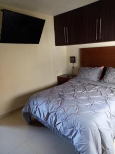 1 dormitorio con 1 cama grande con sábanas azules en Portal Polanco, en Ciudad de México