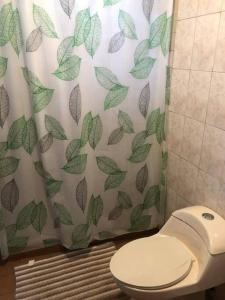 a bathroom with a toilet and a shower curtain with leaves at Herbert's Place in Cabo Rojo
