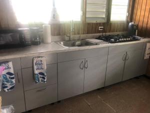 a kitchen counter with a sink and a stove at Herbert's Place in Cabo Rojo