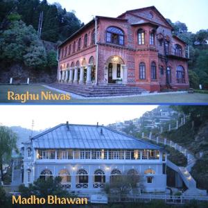 two pictures of a building and a mansion at Raghu Vilas in Mussoorie