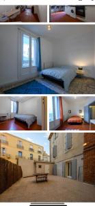 two pictures of a room with a bed and a building at Grand appartement de 100M2 -Allée Paul Riquet Béziers - 4chambres - Wifi- Tv connectée in Béziers