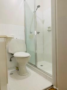 a bathroom with a toilet and a shower at Quiet family Townhouse in Wollongong CBD in Wollongong