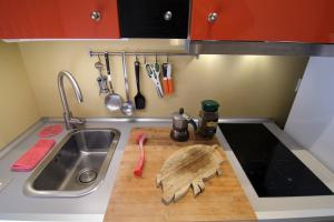 a kitchen counter with a sink and a wooden cutting board at La Casetta del Viaggiatore - "Traveller's Home" in Torre del Lago Puccini