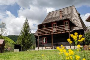 a large wooden house with a gambrel roof at Cabana Iubu in Valea Drăganului