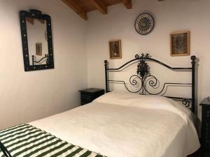 a bedroom with a bed and a mirror on the wall at Quinta do Sardanito de Tras in Zambujeira do Mar +98 photos