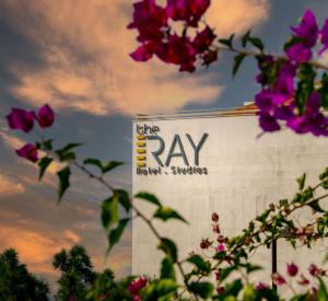 ein Schild für die Röntgenmusikstudios mit Blumen in der Unterkunft The Ray Hotel and Studios in Beirut