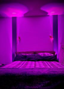 um quarto rosa com uma cama com iluminação roxa em Spielzimmer am Bodensee em Rorschach