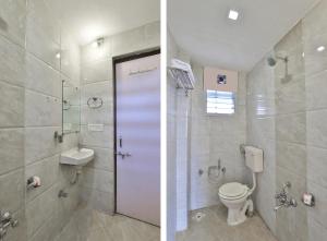 two pictures of a bathroom with a toilet and a shower at Hotel Nova Sun in Ahmedabad