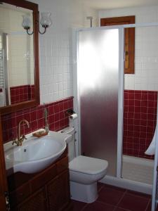 y baño con aseo, lavabo y ducha. en El Refugio de la Sauca, en Alameda del Valle