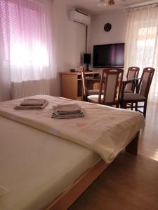 1 dormitorio con 1 cama con sillas y mesa en Apartmani Apolon, en Vrdnik