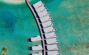 eine Aussicht über eine Gruppe von Stühlen am Strand in der Unterkunft Holiday Inn Resort Kandooma Maldives - Kids Stay & Eat Free and DIVE FREE for Certified Divers for a minimum 3 nights stay in Guraidhoo